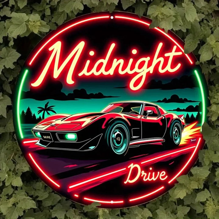 Vintage Neon Car Sign Midnight Drive – Retro Automotive LED Art Metal Sign with Red & Green Lights, Round Metal Wall Decor