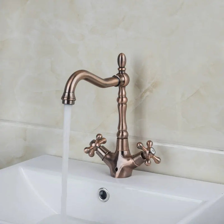KEMAIDI Dual Handles Solid Brass Antique Copper Faucets Mixers &Taps Swivel Hot And Cold Mixer Water Tap Bathroom Faucet DS-8632