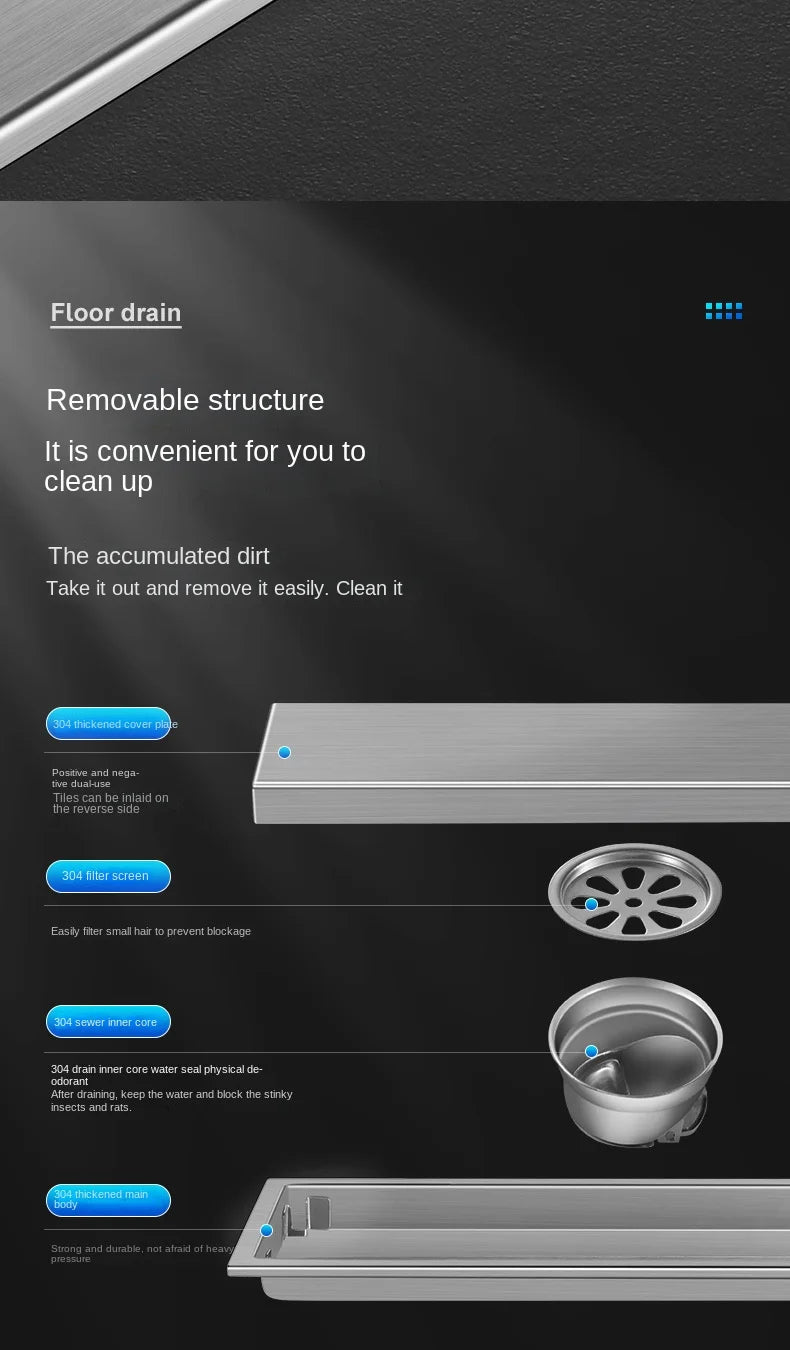 Luxury Hidden 304 Stainless Steel Rectangular Floor Drain Bathroom Toilet Drain Anti-Odor Filter Hair Extended Floor Drain