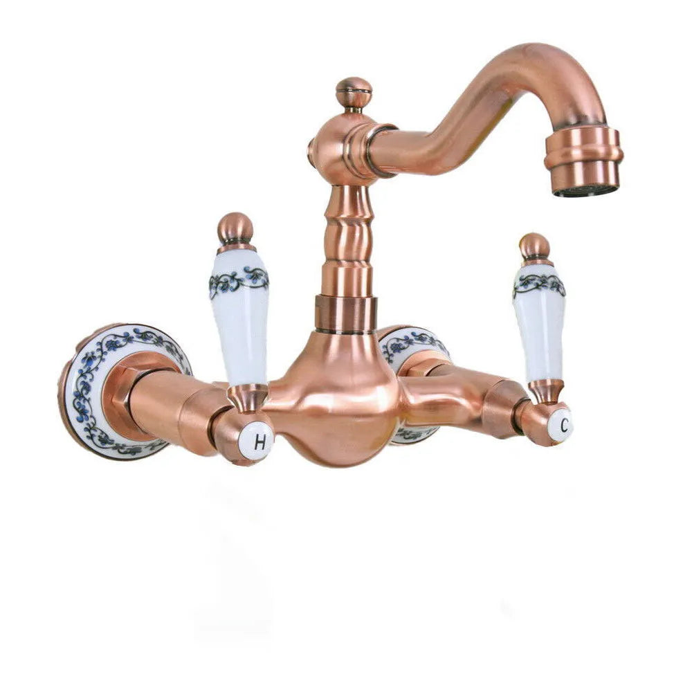 Antique Red Copper Brass Bathroom Kitchen Sink Faucet Mixer Tap Swivel Spout Wall Mounted Dual Ceramic Flower Levers Base mrg029