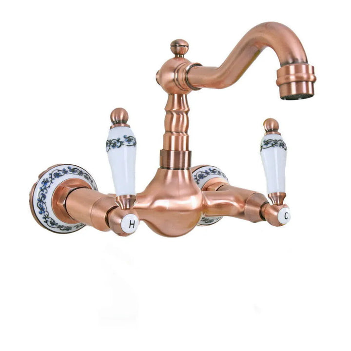 Antique Red Copper Brass Bathroom Kitchen Sink Faucet Mixer Tap Swivel Spout Wall Mounted Dual Ceramic Flower Levers Base mrg029