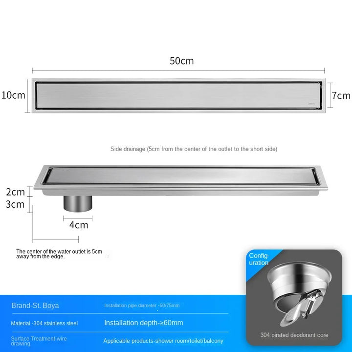 Luxury Hidden 304 Stainless Steel Rectangular Floor Drain Bathroom Toilet Drain Anti-Odor Filter Hair Extended Floor Drain