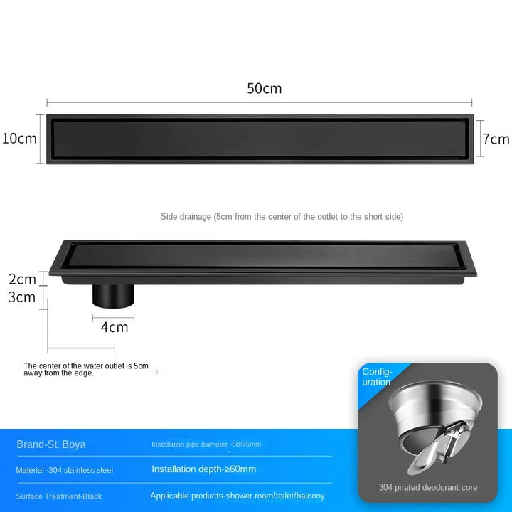 Luxury Hidden 304 Stainless Steel Rectangular Floor Drain Bathroom Toilet Drain Anti-Odor Filter Hair Extended Floor Drain