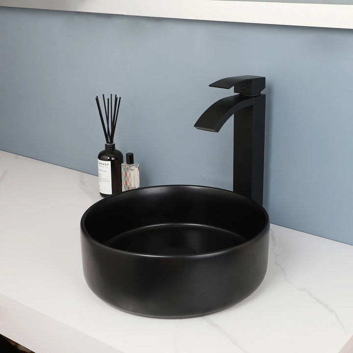 KEMAIDI Matte Black Bathroom Ceramic Washing Bowl Sink Above Counter Round Bathroom Sinks with Faucet Mixer Tap Set Deck Mounted