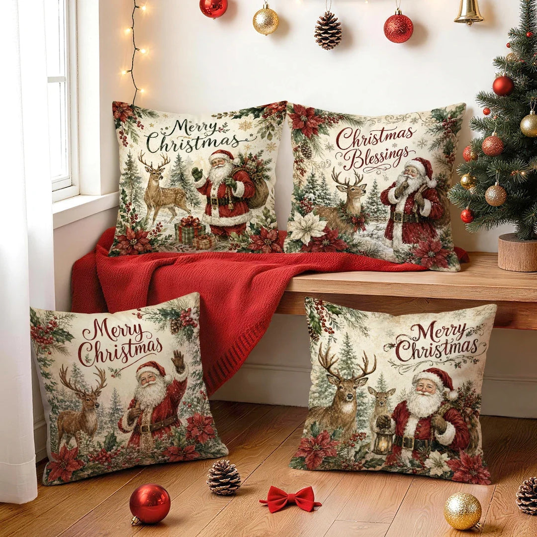1/4pcs Vintage Watercolor Santa Claus Polyester Cushion