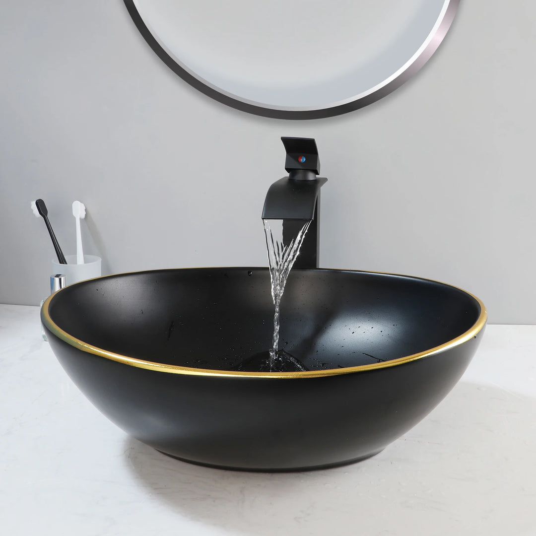 KEMAIDI Oval Vessel Sink with Faucet White Marbling Bathroom Vessel Sinks Above Counter  Ceramic Vessel Sinks for Bathroom Mixer