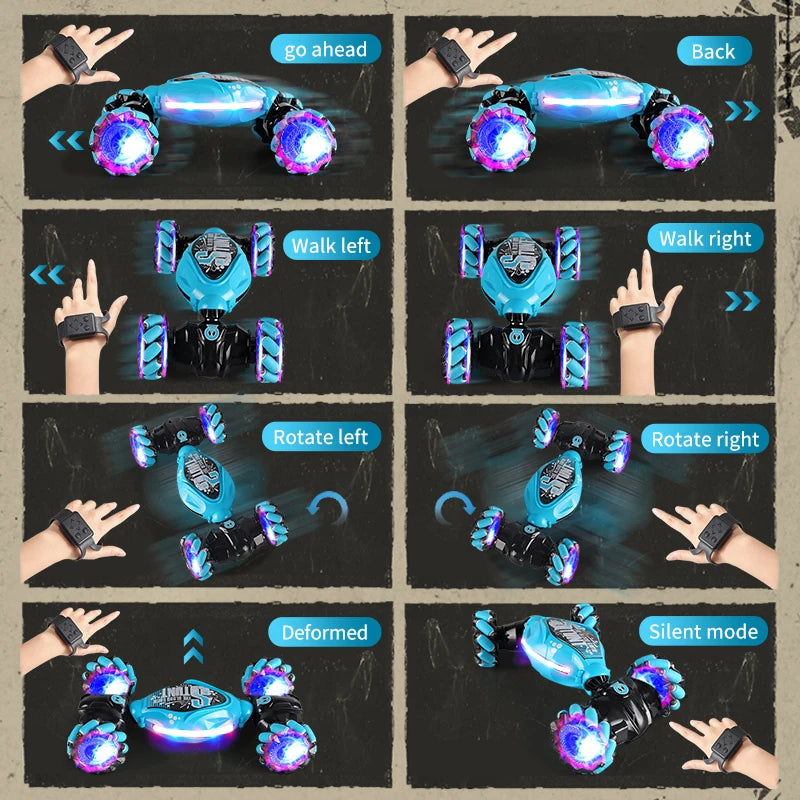 4WD stunt remote control car LED lights watch induction twist music 360° rotation off-road climbing children's toys Holiday gift