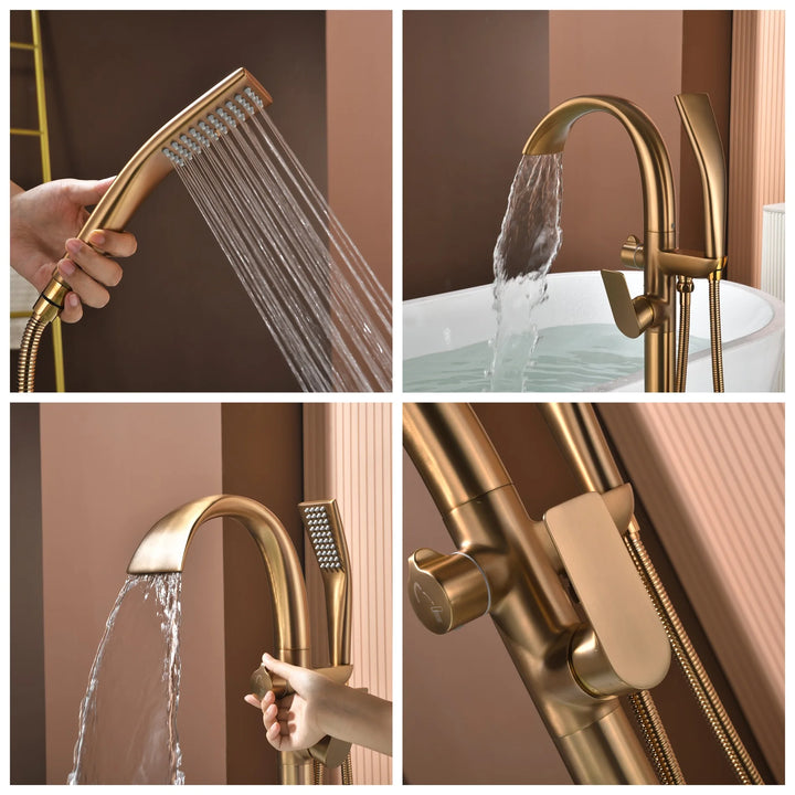 Floor Stand Waterfall Bathtub Faucet Solid Brass Bathroom Bathtub Water Mixer with Hand Shower in Brushed Rose Gold, Black, Gold