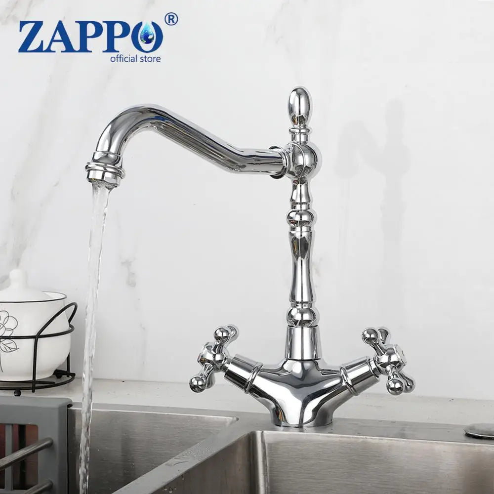 ZAPPO Kitchen Sink Faucet Polish Chrome Double Cross Handle Mixer 360° Swivel Spout Kitchen Faucets Tap Hot and Cold Water Taps