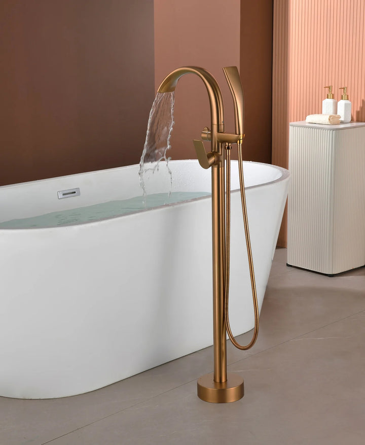 Floor Stand Waterfall Bathtub Faucet Solid Brass Bathroom Bathtub Water Mixer with Hand Shower in Brushed Rose Gold, Black, Gold