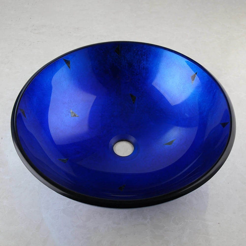 MONITE Tempered Glass Bathroom Sink Set Hand-Painted Art Basin Combine Round Waterfall Bowl Basin Faucet Multiple Styles