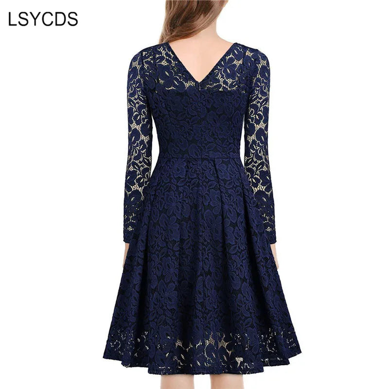LSYCDS Elegant Sexy Dress for Women Vintage Lace Long Sleeve V Neck