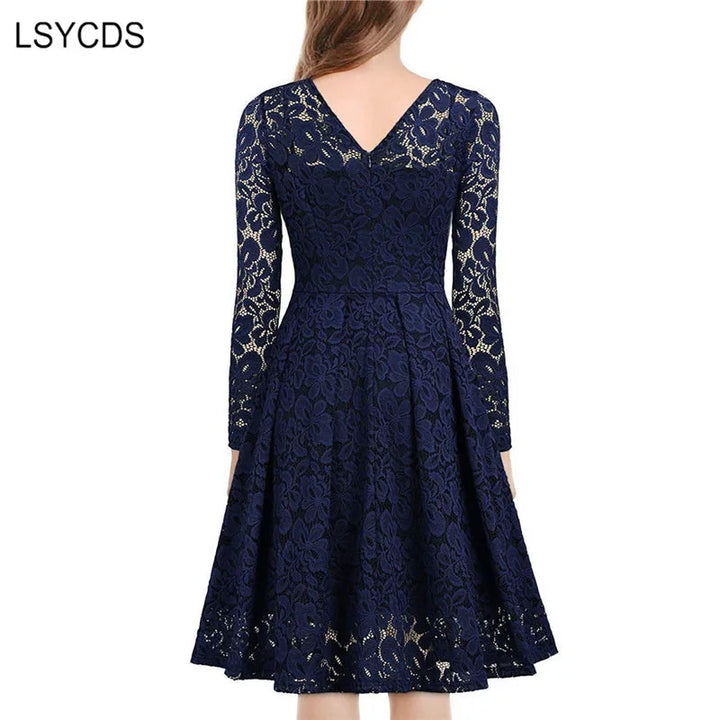 LSYCDS Elegant Sexy Dress for Women Vintage Lace Long Sleeve V Neck