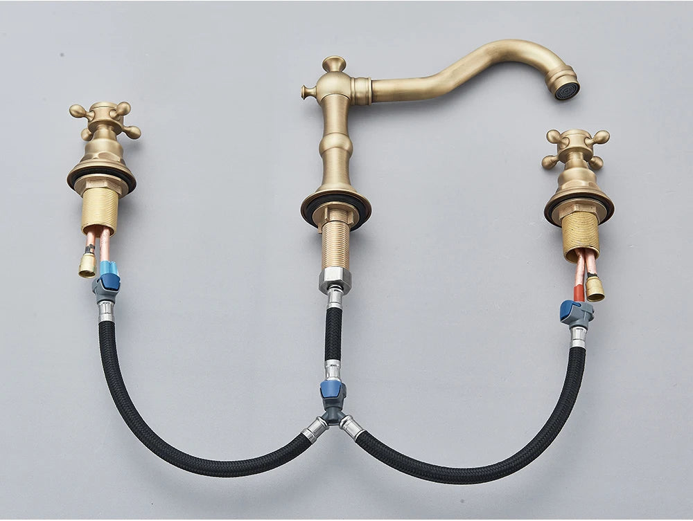 Antique Brass Bathroom Mixer Taps Widespread Basin Faucet Dual Handles Hot and Cold Tap Deck Mounted Brass Basin Sink Faucet