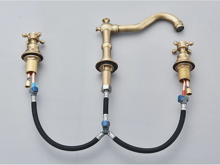 Antique Brass Bathroom Mixer Taps Widespread Basin Faucet Dual Handles Hot and Cold Tap Deck Mounted Brass Basin Sink Faucet