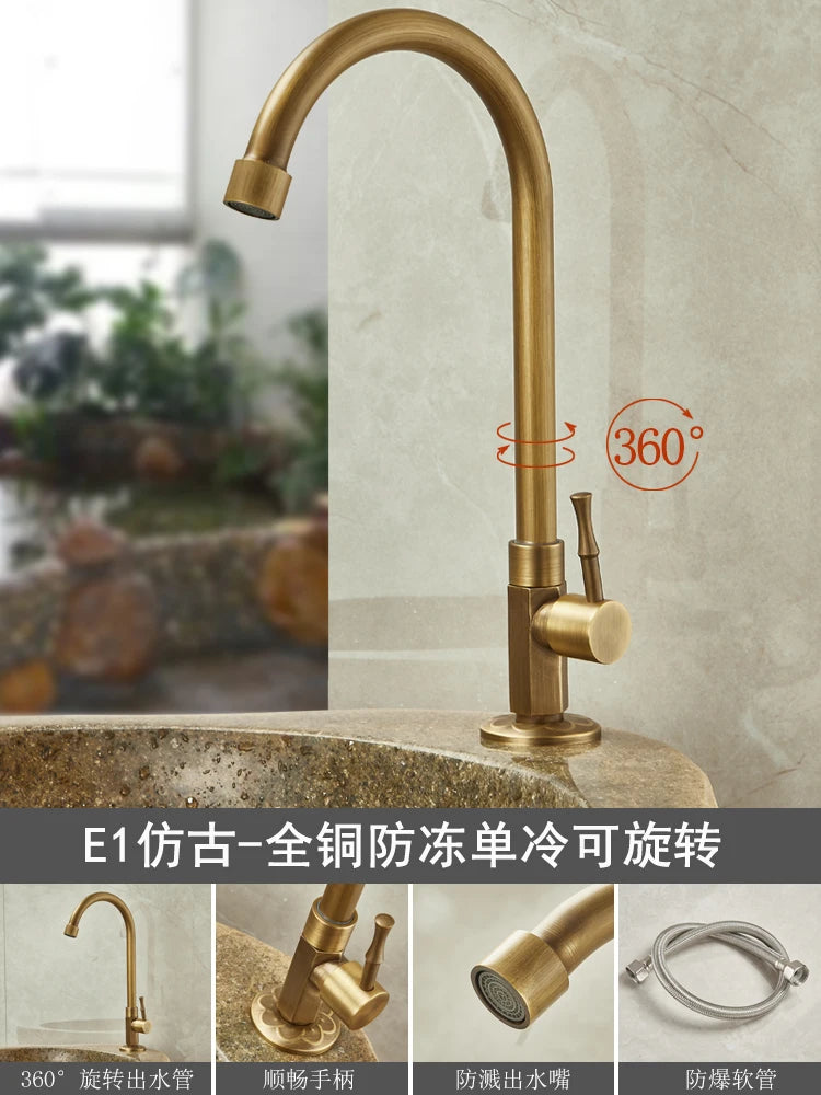 Outdoor Antifreeze Faucet Antique Brass Balcony Wash Basin Single Cooling Faucet Vanity 360°Swivel Rotate Spout Only Cold Tap
