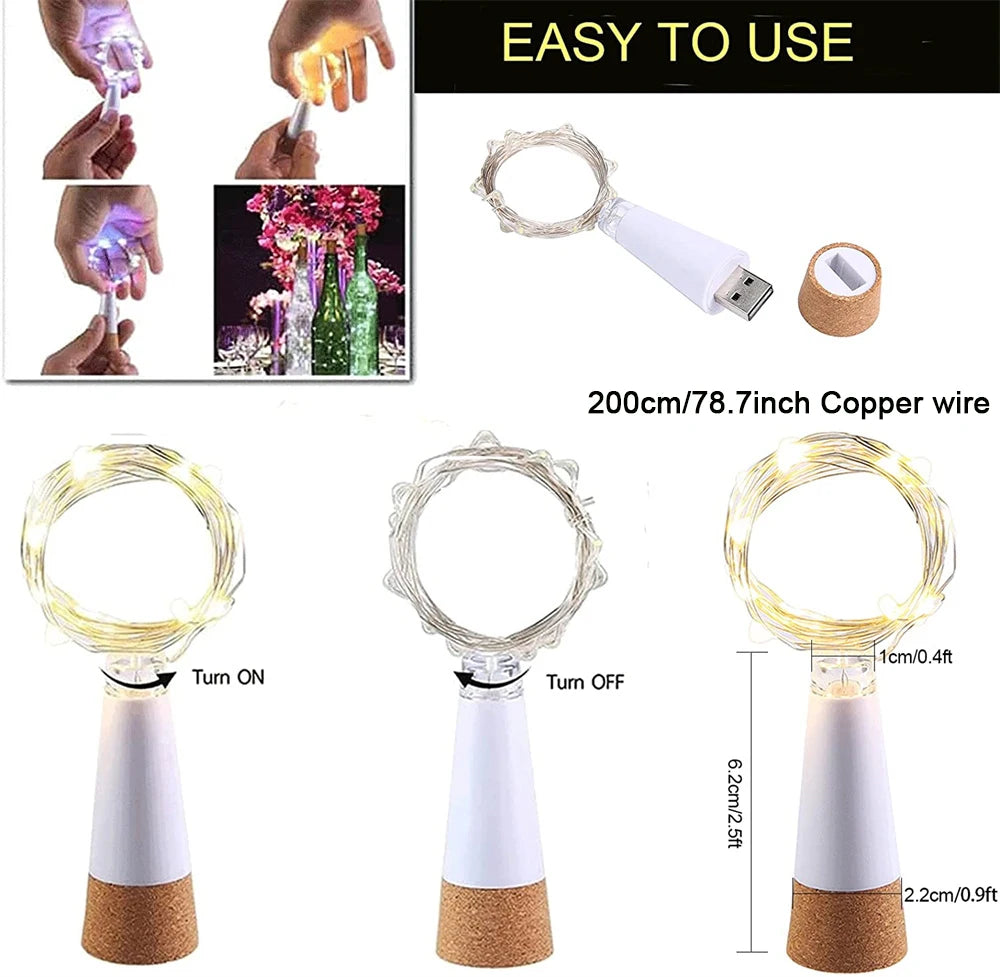 5-pack 2m Cork Bottle Fairy Lights USB Rechargeable Christmas Garland String Lights for Bedroom Room Home Wedding Party Decor