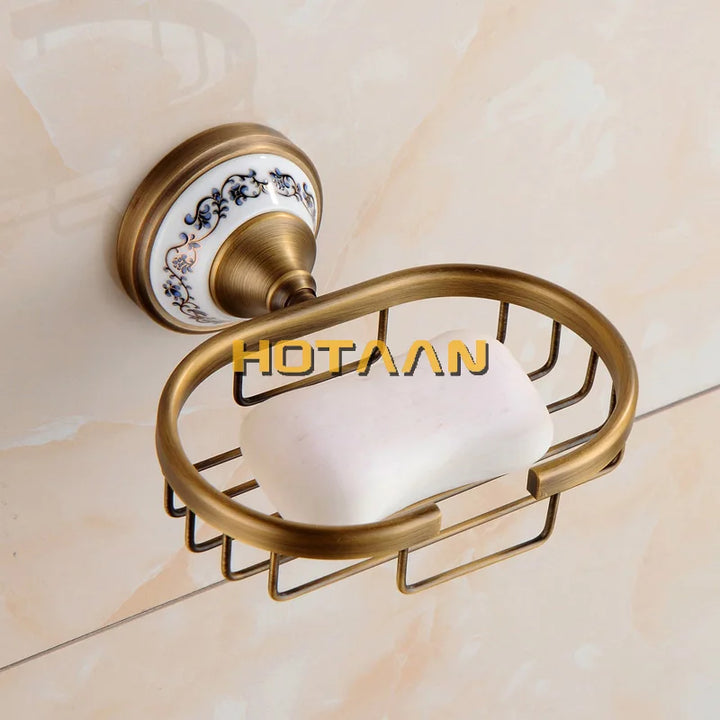 Antique Brushed Solid Brass Bathroom Accessories Sets European Porcelain Bathroom Hardware Sets Ceramic Retro Bathroom Products