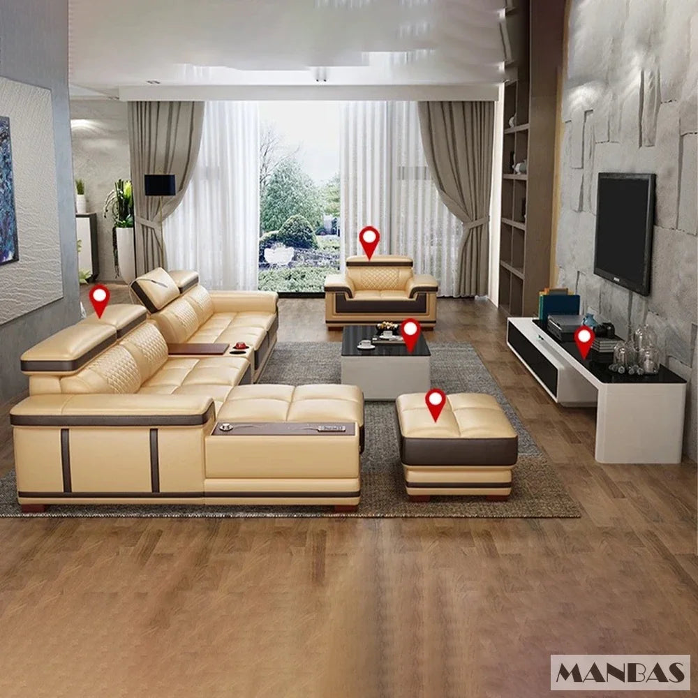 Modern Luxury Genuine Leather Sectional Sofa with Chaise Lounge, Adjustable Headrest, Built-in Storage, USB Charging, Cup Holder