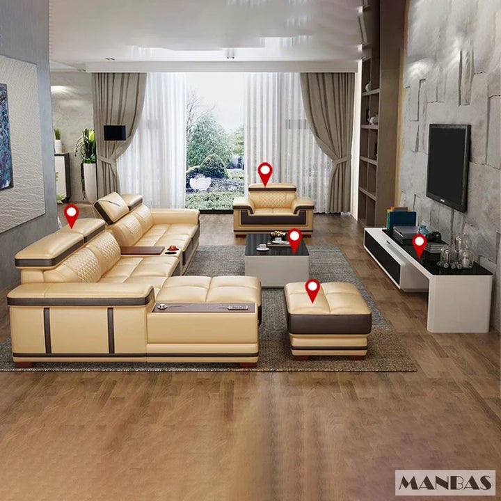 Modern Luxury Genuine Leather Sectional Sofa with Chaise Lounge, Adjustable Headrest, Built-in Storage, USB Charging, Cup Holder