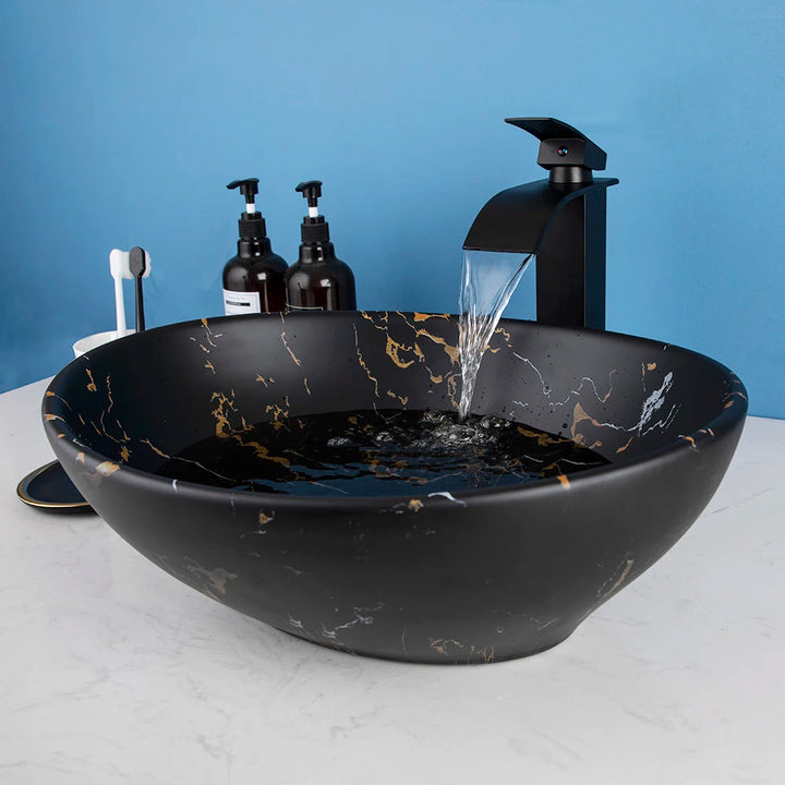 KEMAIDI Oval Vessel Sink with Faucet White Marbling Bathroom Vessel Sinks Above Counter  Ceramic Vessel Sinks for Bathroom Mixer