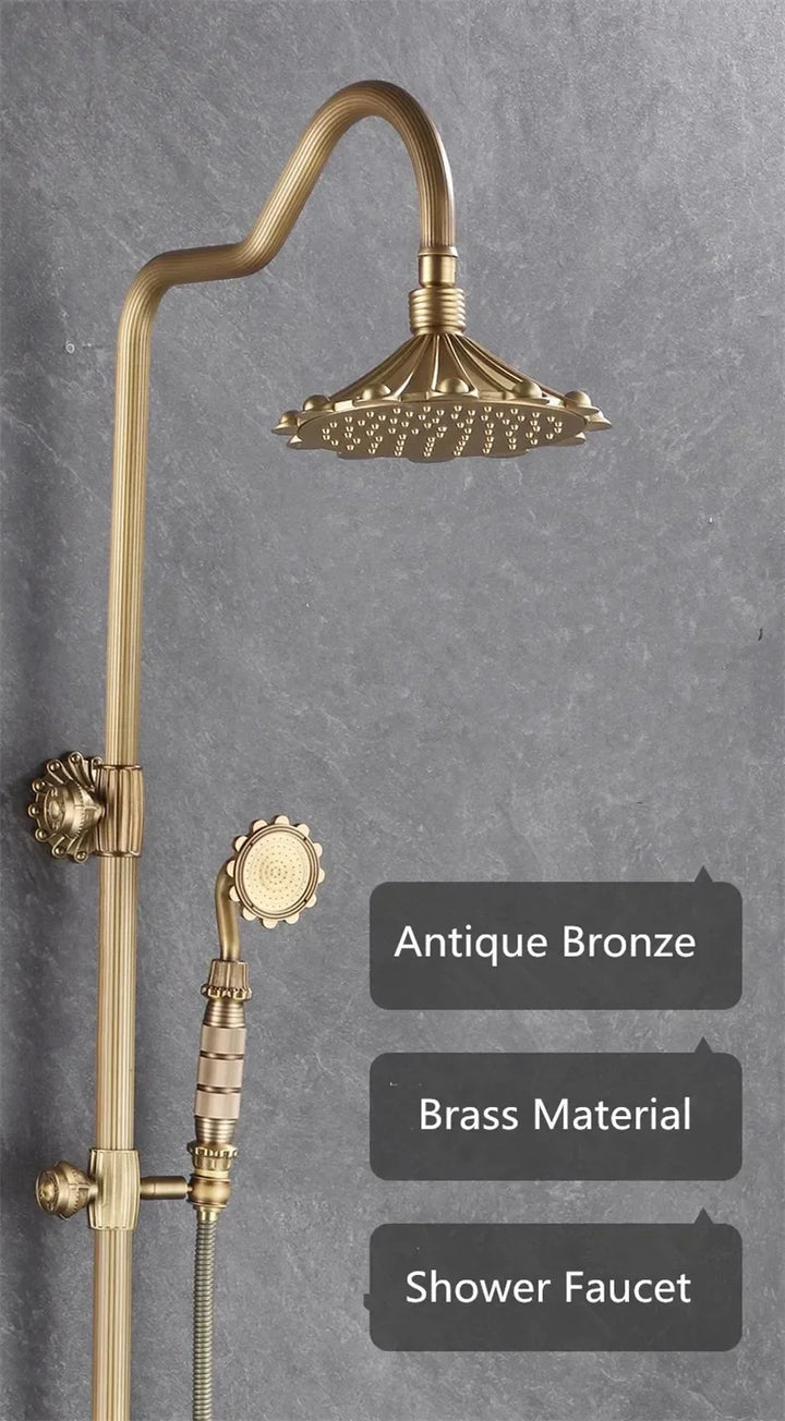 Antique Bronze Carved Bathroom Shower Faucet Set Wall Mounted Bathtub and Shower Faucet Cold & Hot Bath Shower Mixer Tap Brass