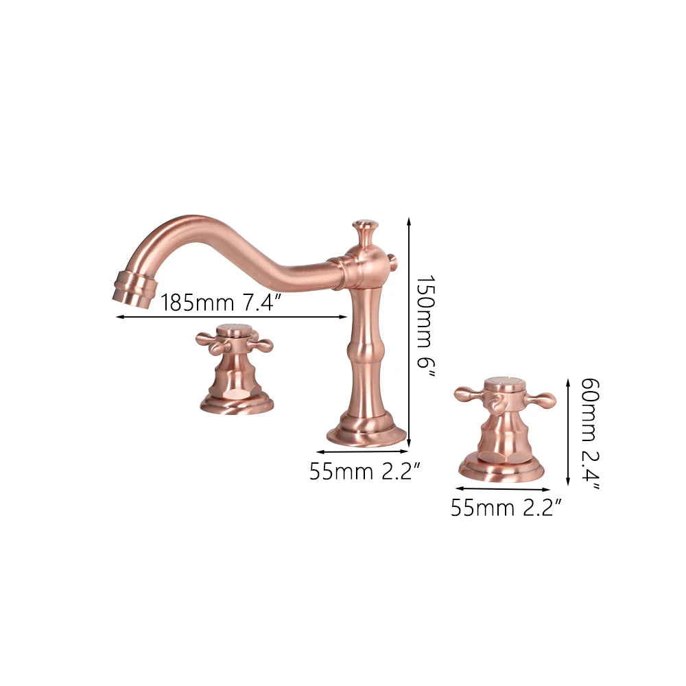 KEMAIDI Bathroom Vessel Sink Faucet Rose Gold Vanity Three Hole Daul Handles Basin Faucets Hot And Cold Mixer Deck Mounted Tap