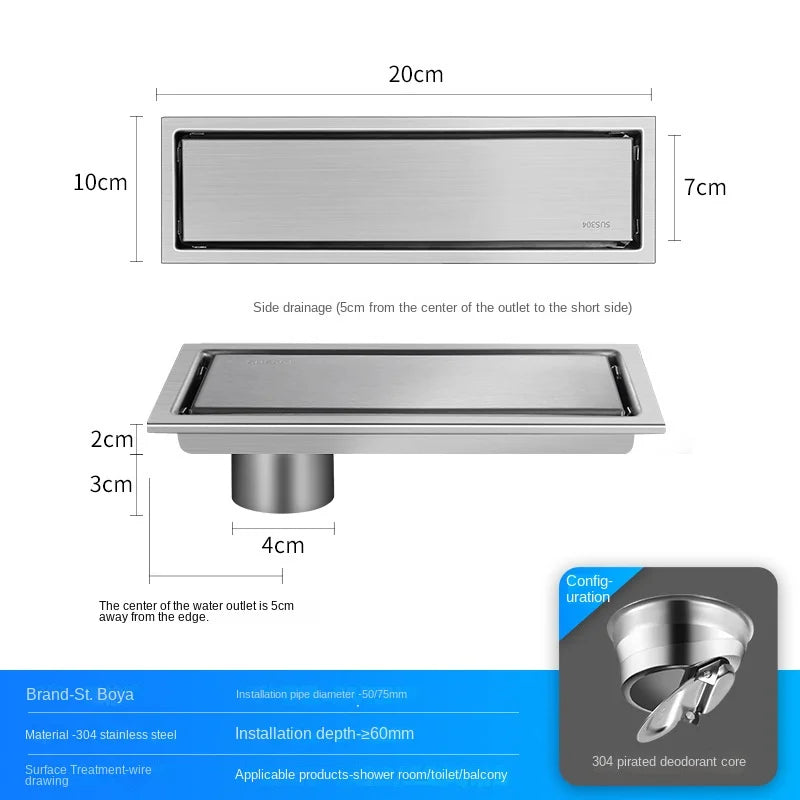 Luxury Hidden 304 Stainless Steel Rectangular Floor Drain Bathroom Toilet Drain Anti-Odor Filter Hair Extended Floor Drain