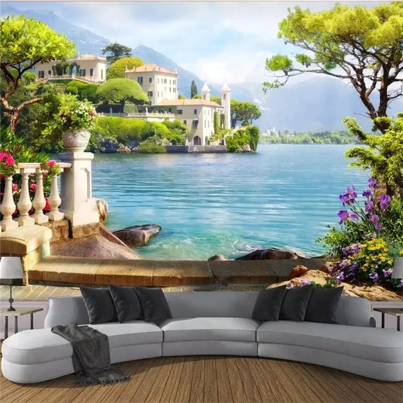 3D Custom Mural Wallpaper - Window Sea View with Red Flowers Stone Path Small Island Garden Lake Background wall for Home Decor