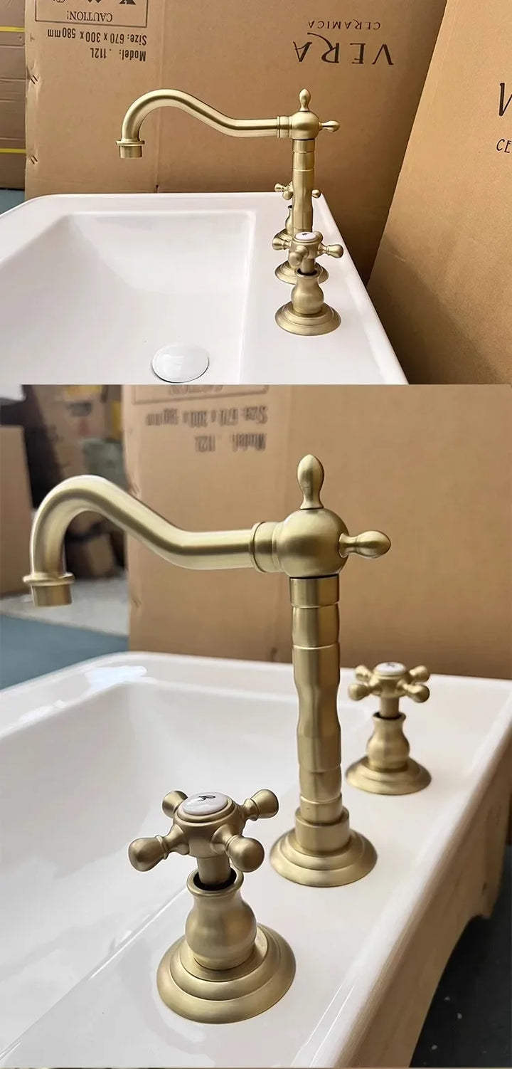 Luxury Gold Color Brass 3 Hole Basin Sink Faucet Dual Handle Hot and Cold Mixer Tap Plum Shape Nnf981