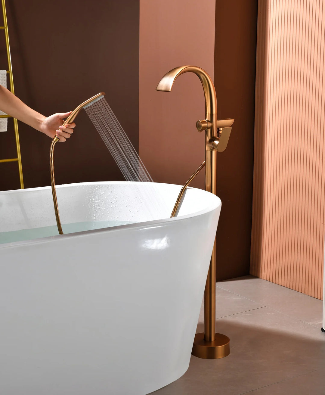 Floor Stand Waterfall Bathtub Faucet Solid Brass Bathroom Bathtub Water Mixer with Hand Shower in Brushed Rose Gold, Black, Gold