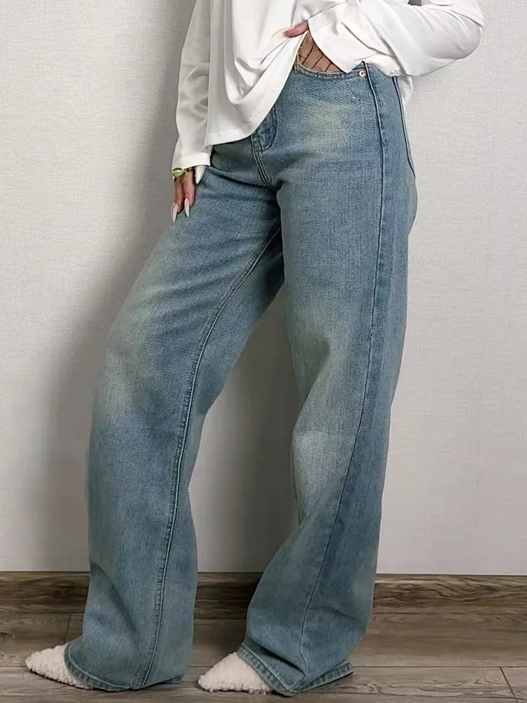 MiuKoMiYa Straight Leg Jeans For Women High Waist Gray Long Wide Denim Pants Vintage Blue Boyfriend Jeans