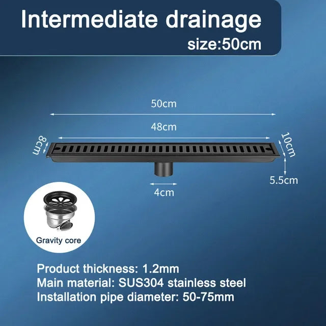 Black Floor Drain 304 Stainless Steel Shower Drain Long Strip Odor Proof Bathroom Floor Drainage Large Displacement