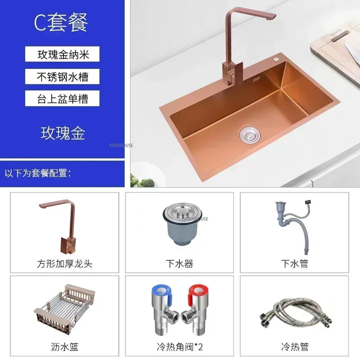 Rose Gold Stainless Steel Kitchen Sink Single Bowl Above Counter Vegetable Basin Modern Drain Storage Luxury