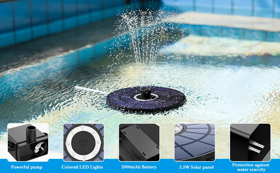 AISITIN Solar Fountain 5.5W with Color LED Light and 2000mAh Battery, 7 Nozzles Solar Bird Bath Fountain, for Outdoor, Garden