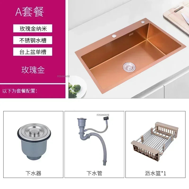 Rose Gold Stainless Steel Kitchen Sink Single Bowl Above Counter Vegetable Basin Modern Drain Storage Luxury