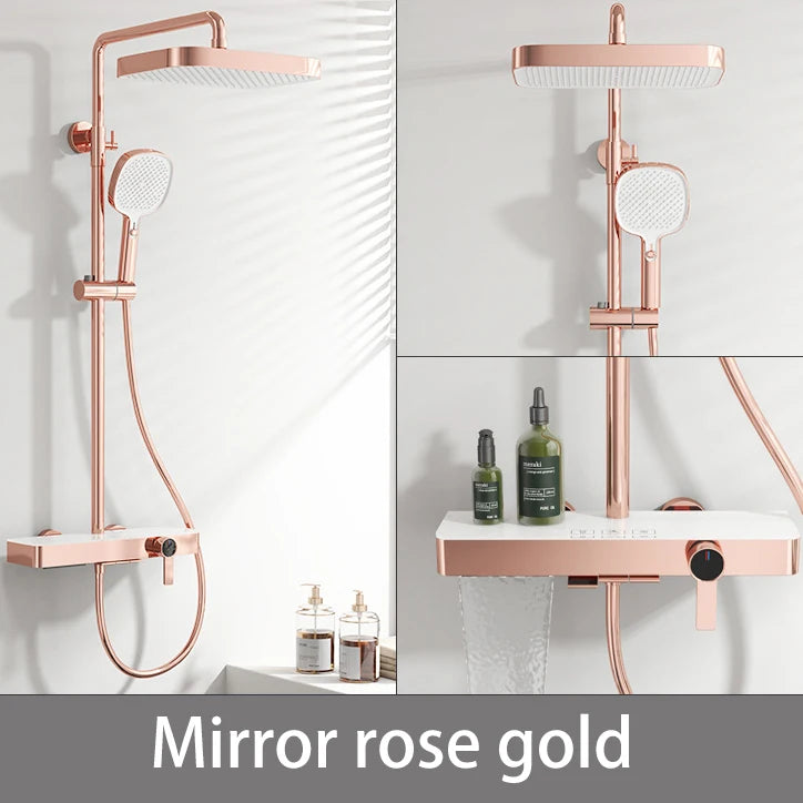 Hot Cold Piano Bathroom Shower System Set Brushed Rose Gold Waterfall Bathroom Faucet Rainfall Piano Bathroom Shower Set