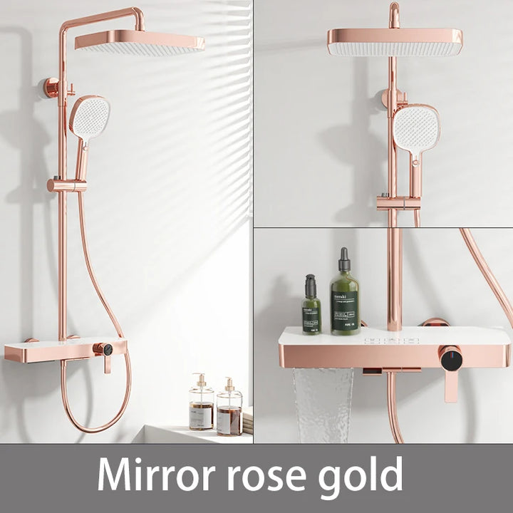 Hot Cold Piano Bathroom Shower System Set Brushed Rose Gold Waterfall Bathroom Faucet Rainfall Piano Bathroom Shower Set