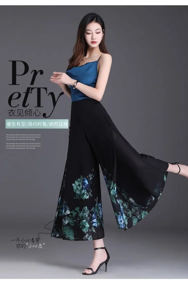 Thin Chinese Style Floral Chiffon Wide Leg Pants Women Tie Die Printed Button Loose High Waist Vintage Straight Trousers