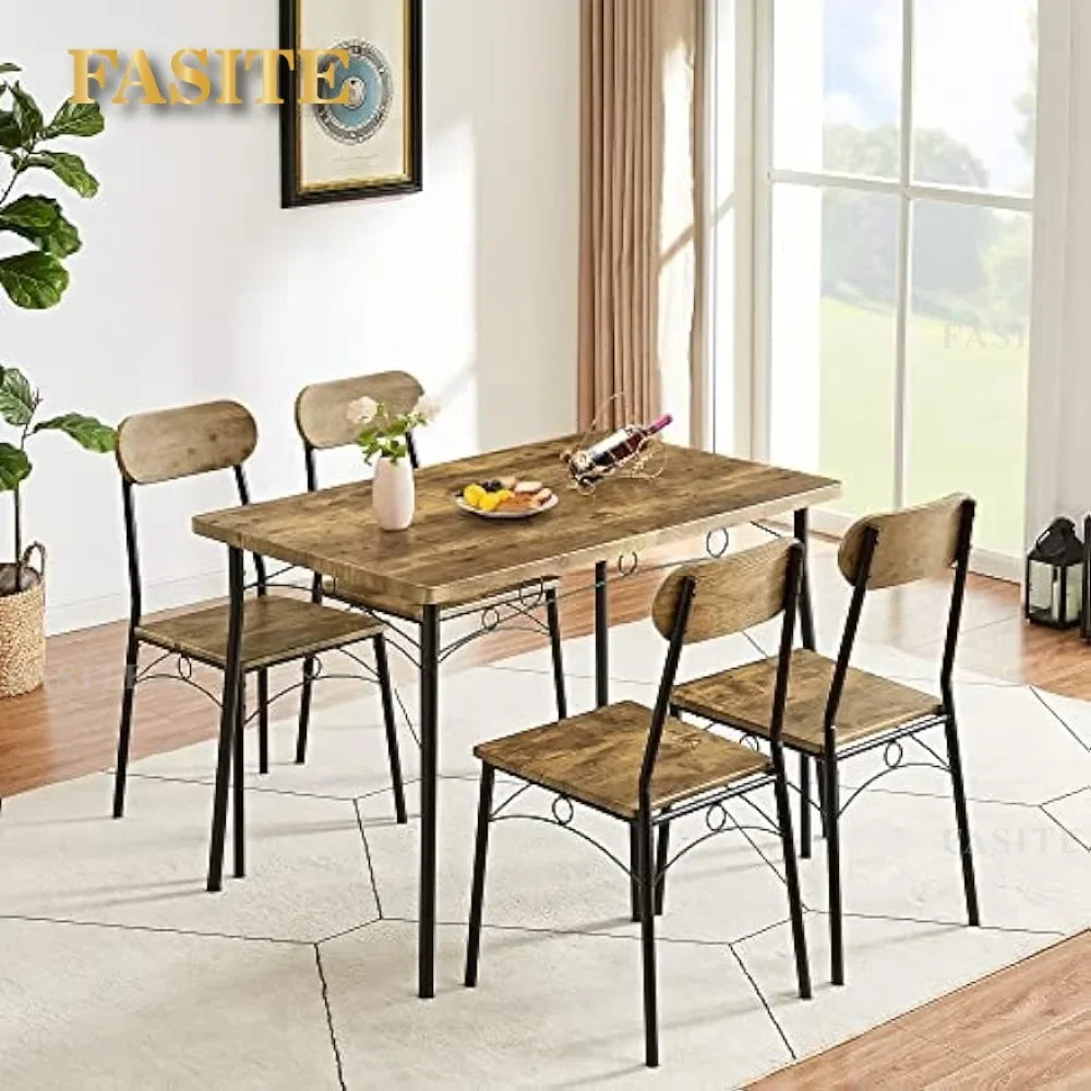Simple Dining Table Set 5 Piece Dinette With Chairs For Kitchen, Breakfast Nook And Small Space, Brown, Table & Chair For 4