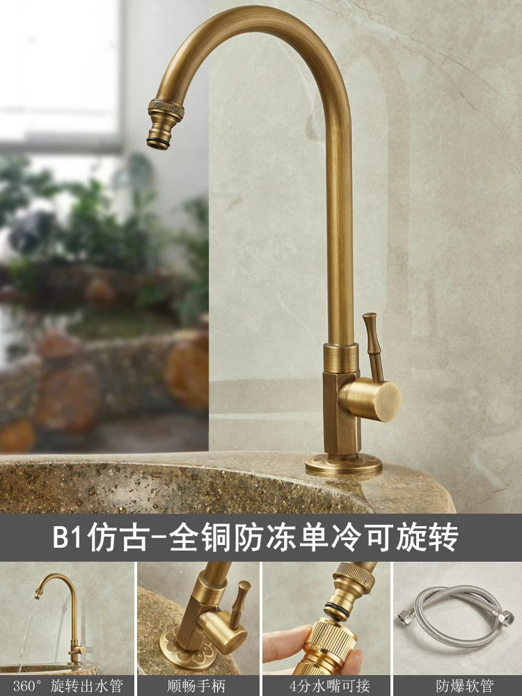 Outdoor Antifreeze Faucet Antique Brass Balcony Wash Basin Single Cooling Faucet Vanity 360°Swivel Rotate Spout Only Cold Tap