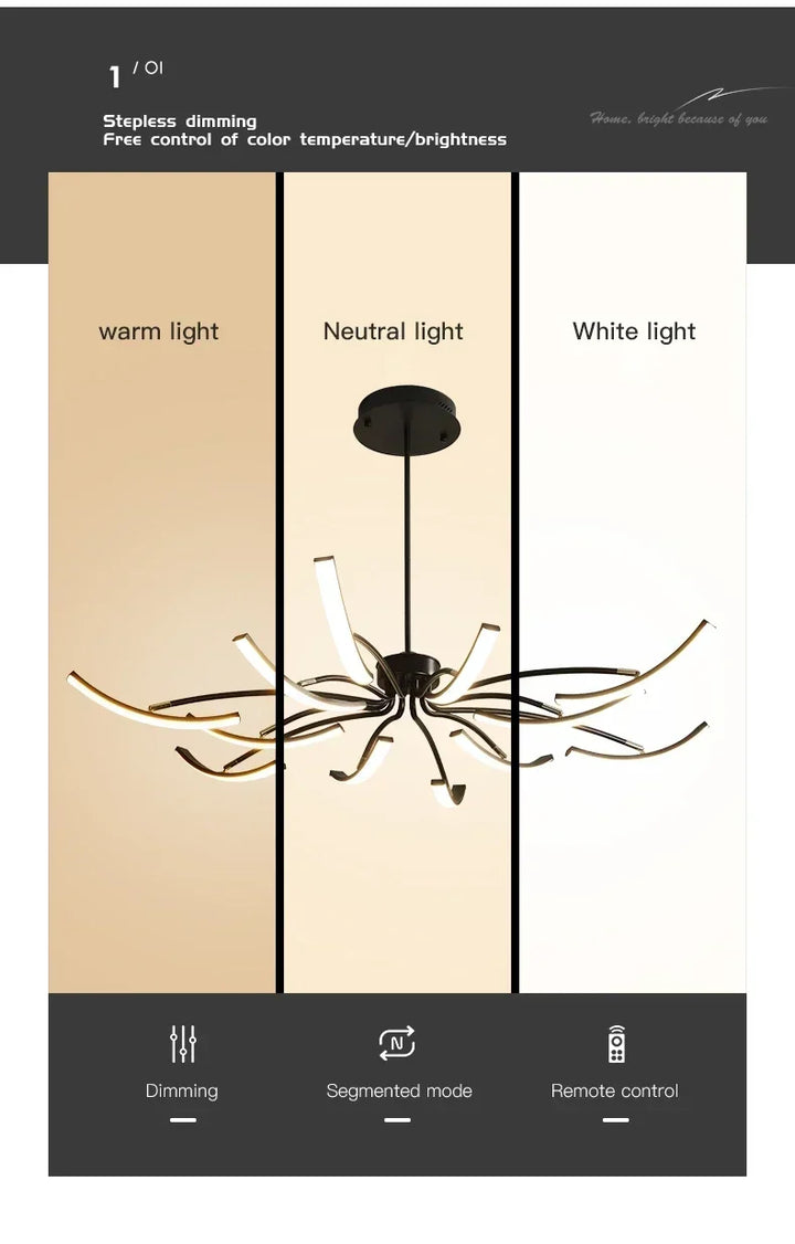 Modern Black Gold Dimming Pendant Light Nordic Creative LED Ceiling Chandeliers For Living Room Home Decor Light Fixtures