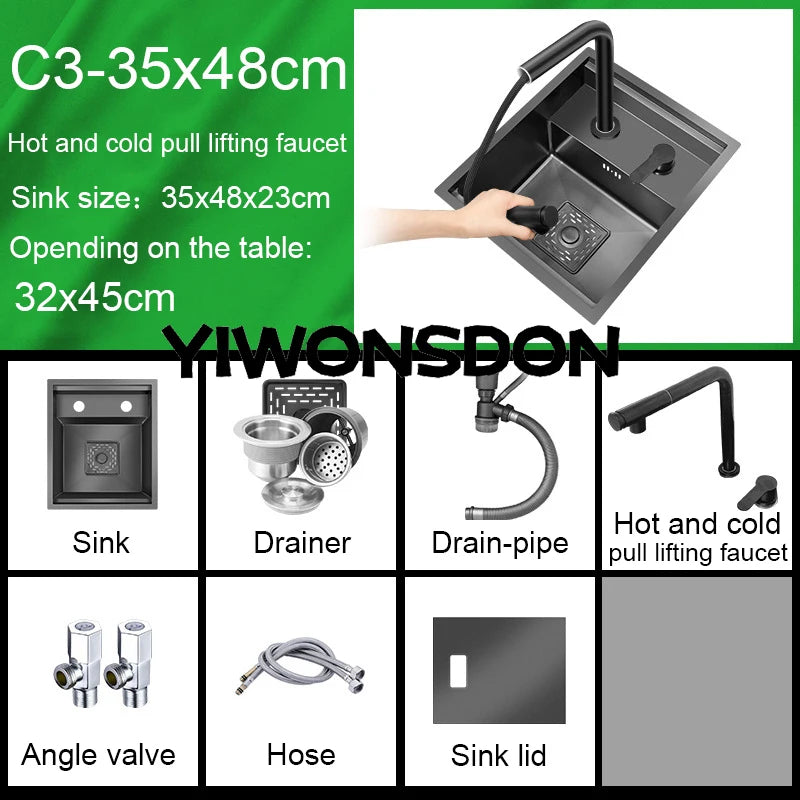 Nano Hidden Bar Kitchen Sink Black Folding Faucet Mini Small Single Bowl Wash Basin Stainless Steel Soap Dispenser Accessories