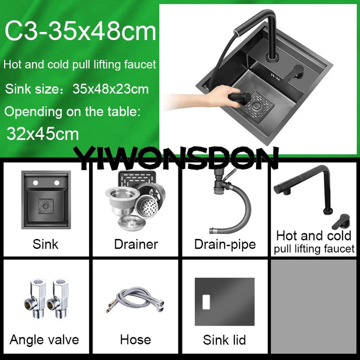 Nano Hidden Bar Kitchen Sink Black Folding Faucet Mini Small Single Bowl Wash Basin Stainless Steel Soap Dispenser Accessories