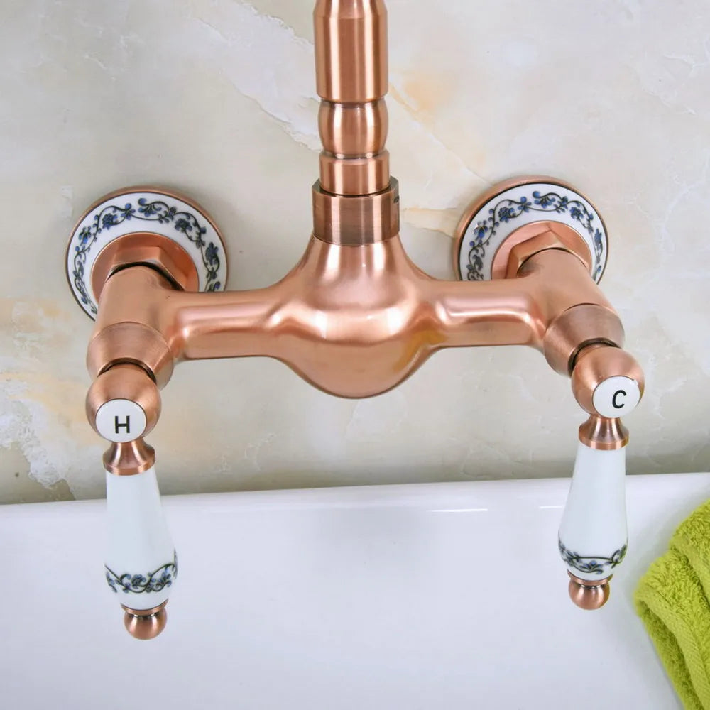 Wall Mounted Antique Red Copper Brass Bathroom Kitchen Swivel Spout Faucet Mixer Water Tap anf954
