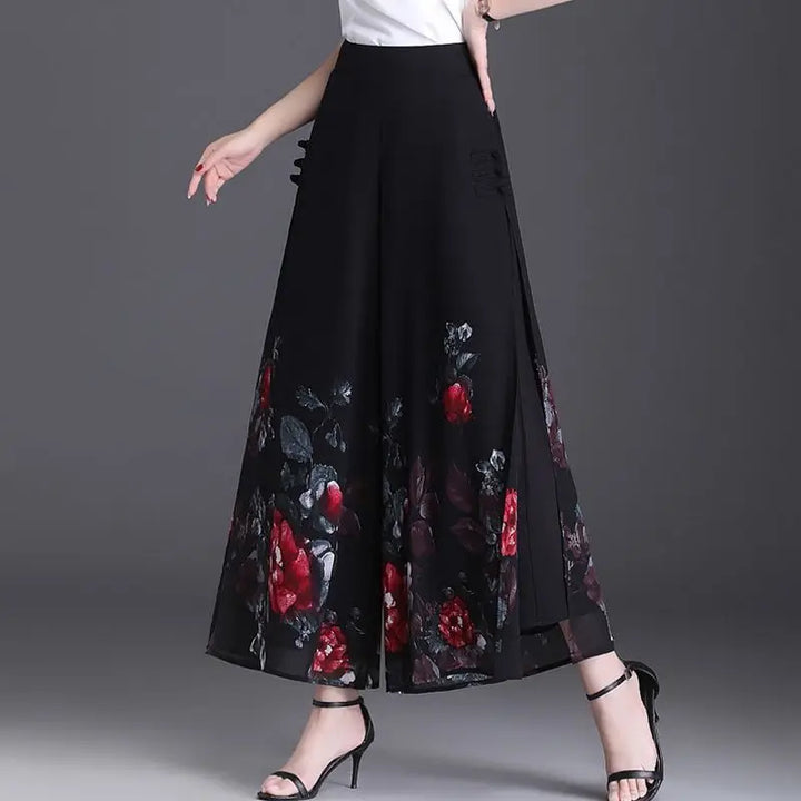 Thin Chinese Style Floral Chiffon Wide Leg Pants Women Tie Die Printed Button Loose High Waist Vintage Straight Trousers