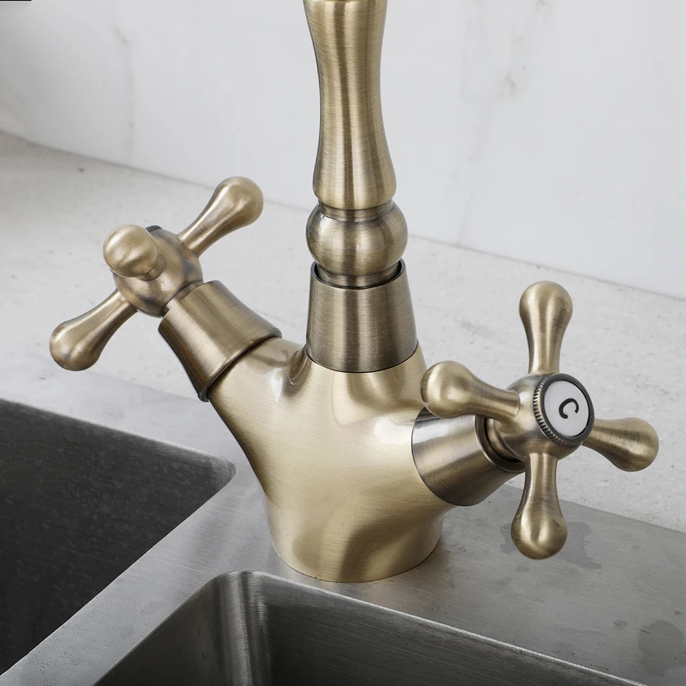 ZAPPO Kitchen Sink Faucet Polish Chrome Double Cross Handle Mixer 360° Swivel Spout Kitchen Faucets Tap Hot and Cold Water Taps