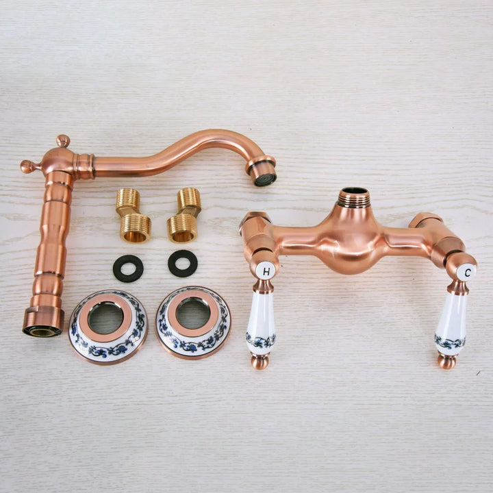 Antique Red Copper Kitchen Sink Bathroom Basin Faucet Mixer Tap Swivel Spout Wall Mounted Dual Ceramic Handles Lnf954