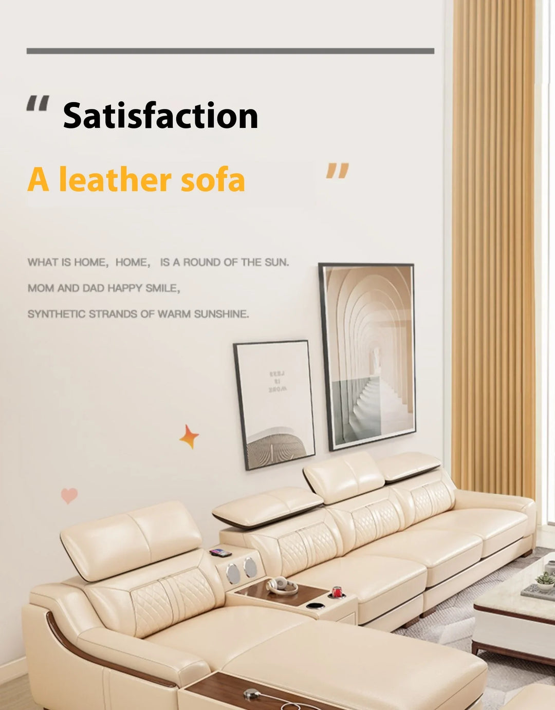 Stylish Italian Genuine Leather Sofa for Living Room with Cup Holder, USB, Adjustable Headrests & Bluetooth Speaker - Lazy Sofa