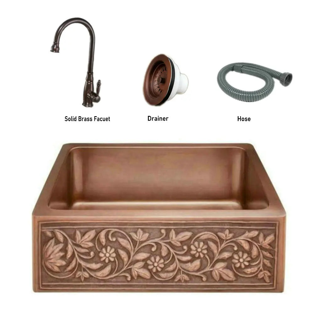 MAEBOW Antique Copper Regtangular Apron Front Single Bowl Artistic Kitchen Sink